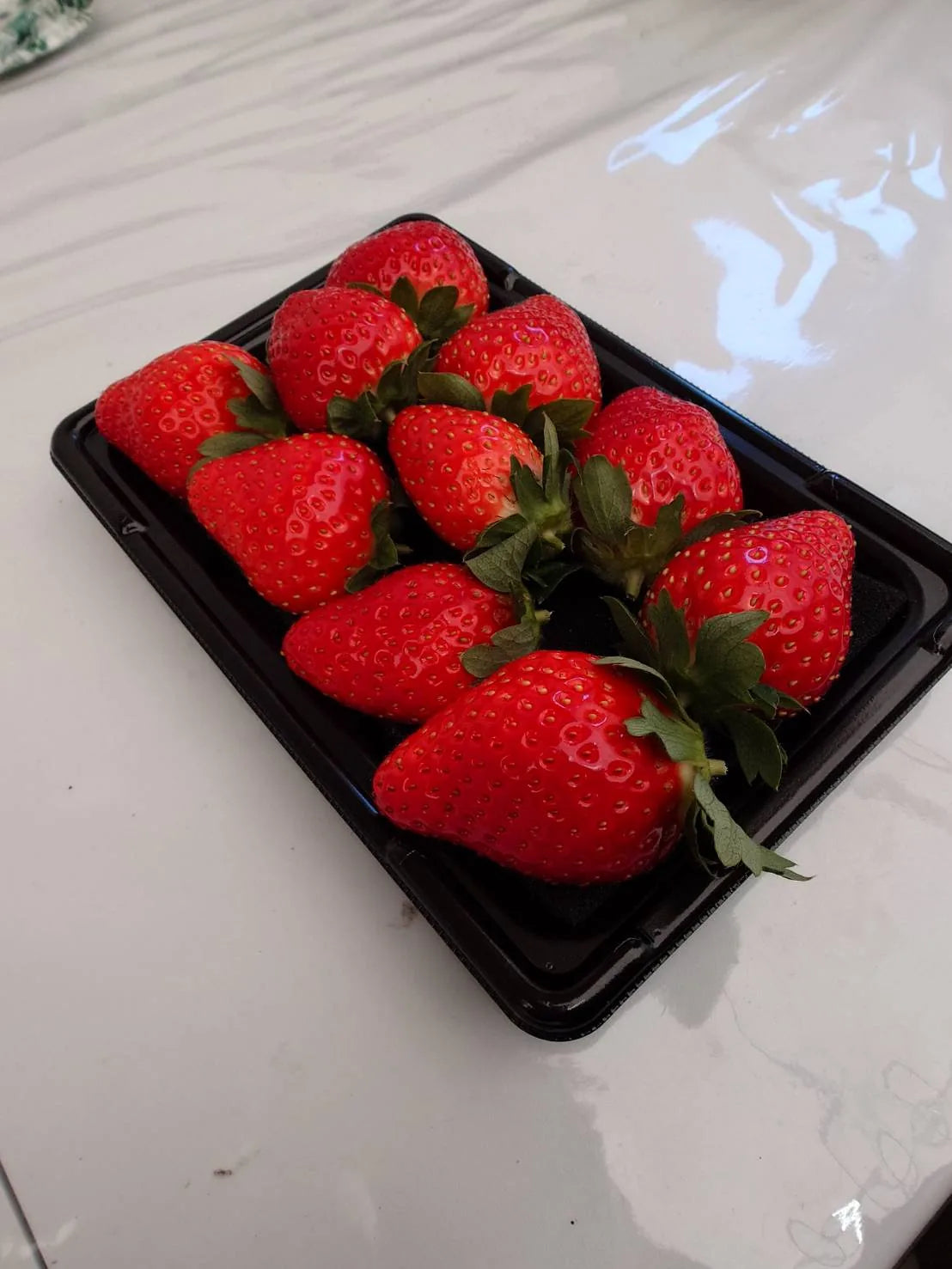 黒いトレーに並んだ収穫済みのよつぼしいちご9粒